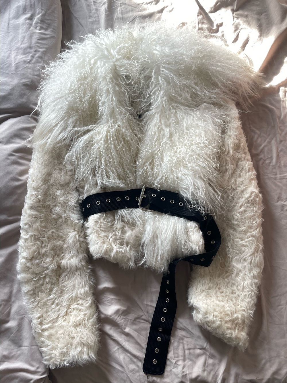 MONSE White Lamb & Goat Fur Cropped Jacket with Black Belt and Oversized Collar